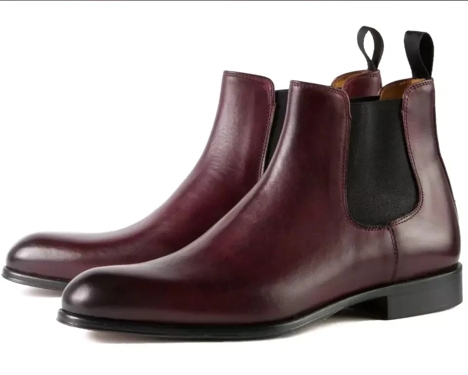 Hecho a mano Hombres Borgoña Oscuro Chelsea Botas, Formales Cuero Botas de Oficina para Hombre Foto 2 de 4
