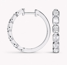 925 Sterling Silver Emerald Cut Hoop Earrings White Gold Finish 20mm in Gift Box
