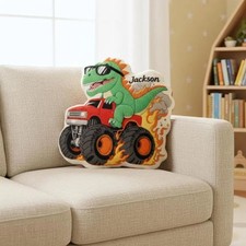 Dinosaur Monster Truck Pillow, Custom Kids Plush Decor, Dino Gift for Toddlers