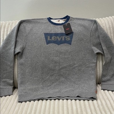 Levi's Men's Relaxed Fit Crew Neck Pullover Sweatshirt Gray/Blue Logo M