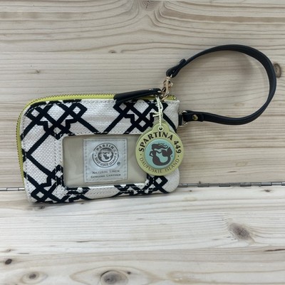 Spartina Wallet Seven Oaks Zippy ID Wristlet Black Ivory Linen Leather NWT B