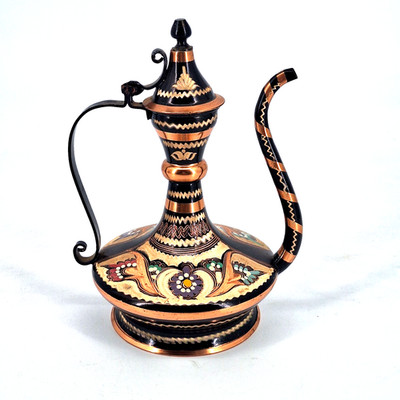 Turkish Copper Pitcher Ewer Ibrik Hand Carved & Enameled Decorative