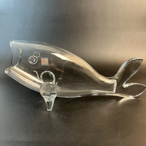 Vtg Blenko Glass Clear Whale Fish Large 16" Vase (AS IS) W/Sticker Handmade MCM