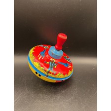 Tin Litho Spaceship Top Rocket Ship Astronaut Spinning Top Wooden Handle