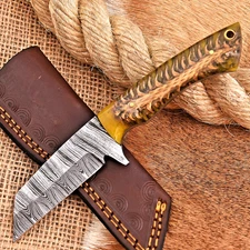 Custom Hand Made Forge Damascus Steel Hunting Tanto Knife PineCone Resin HH 224