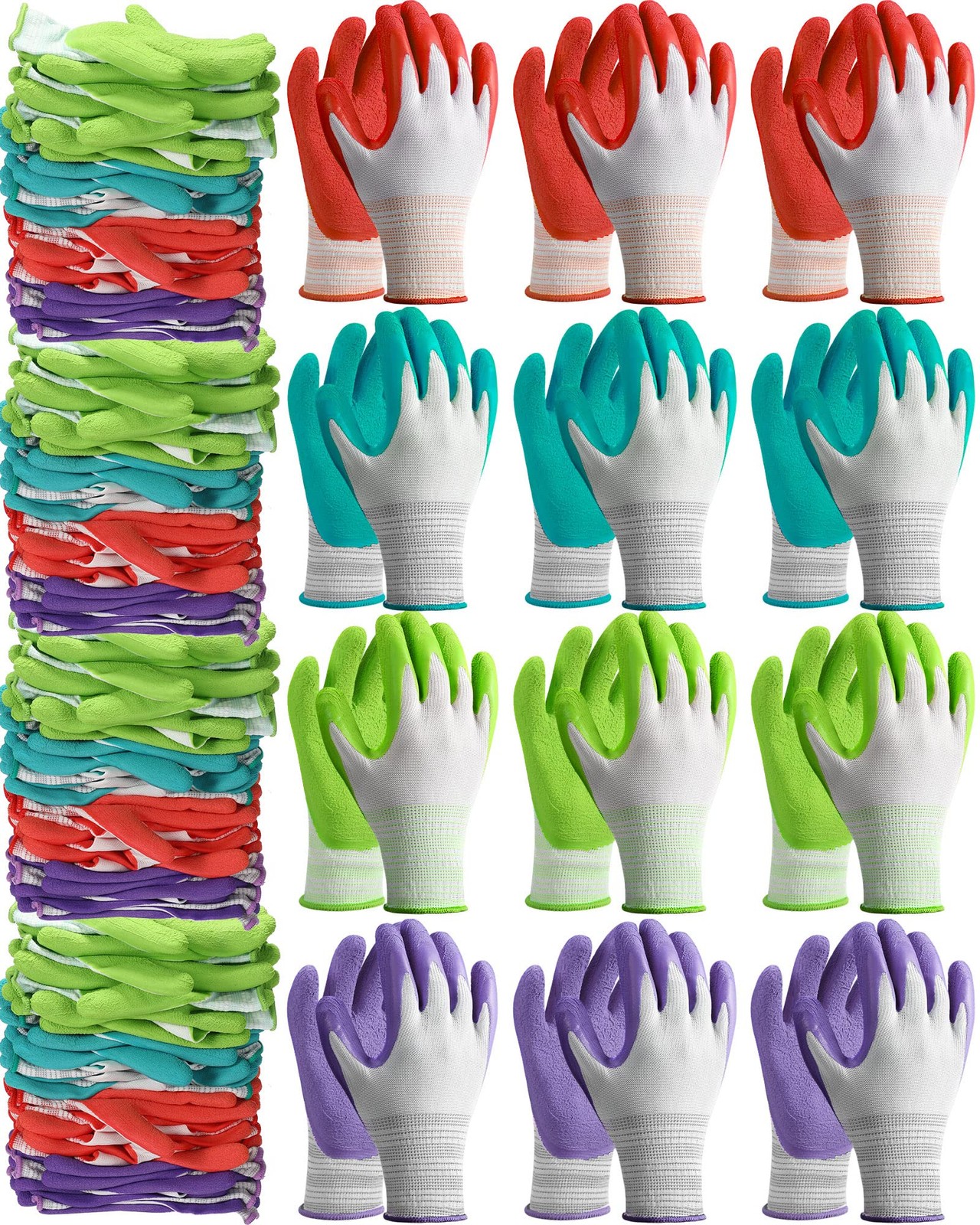 Colorful Unisex Gardening Gloves 24-Pair Set in Green Orange Purple