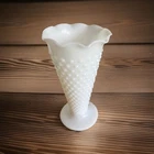 Vintage White Milk Glass Hobnail Vase with Scallop Rim by Anchor Hocking 9.5”
