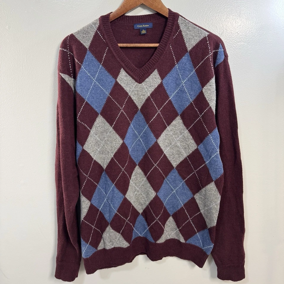 Suéter Argyle para Hombre Club Room Cuello en V - Azul Borgoña Gris Talla L Foto 2 de 4
