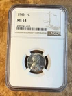 1943 STEEL WARTIME LINCOLN WHEAT CENT NGC MS64 Free Shipping. ￼
