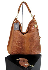 ITALIAN X-LARGE SHOULDER BAG GENUINE LEATHER SUEDE CROCO EMBOSSED; MADE IN ITALY