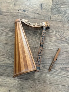 Vintage Hand Carved Wooden Lyre Harp Bird Head Folk Instrument Repair Parts