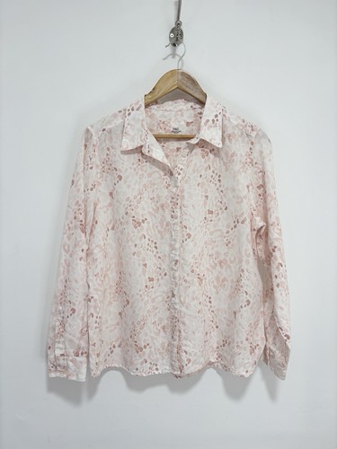 Marks & Spencer, M&S Linen Mix Shirt Size 14 Pink Mix Leopard Print Long Sleeve Summer Women’s