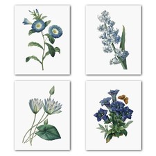 Blue Flower Canvas Wall Art Print, Vintage Floral Botanical Decor Antique Bot...