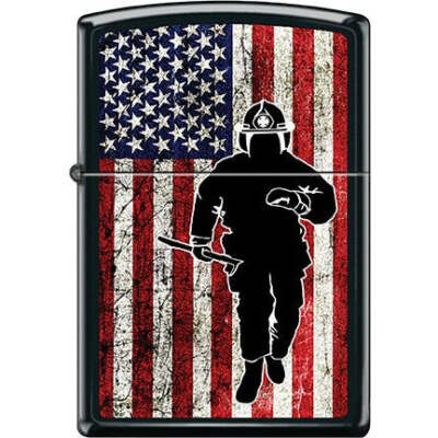 Zippo Windproof Metal Lighter - Fire Fighter on U.S. Flag Design on Black Base.
