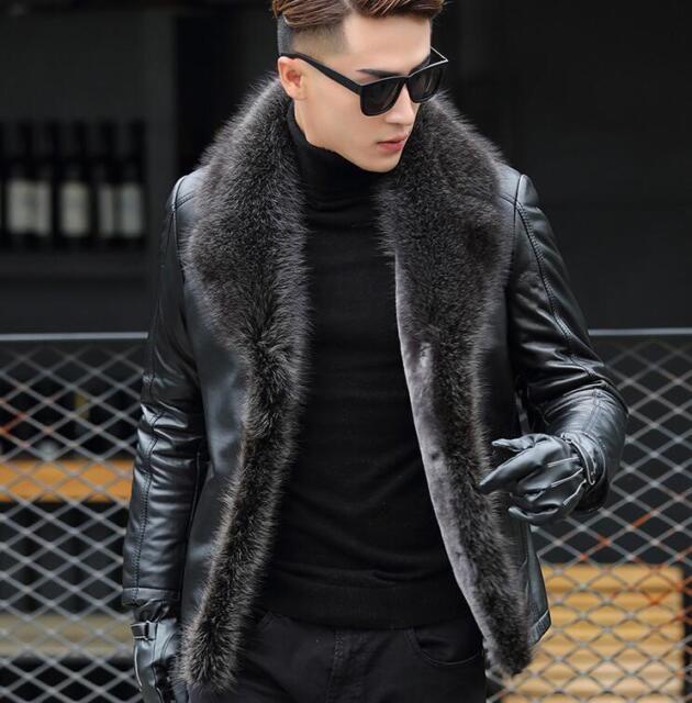 Men 100%Real Mink Collar Lamb Fur Lined Leather Coat Overcoat Parka ...