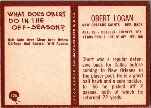 1967 PHILADELPHIA  # 126 OBERT LOGAN P143 M12 - Bild 4 von 4