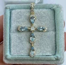 1Ct Pear Cut Lab Created Aquamarine Cross Fancy Pendant 14k Yellow Gold Plated