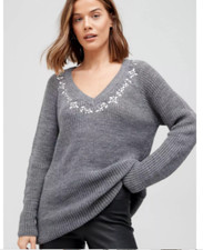 V by Very V Neck Embellished Detail Jumper - Charcoal Grey UK 10