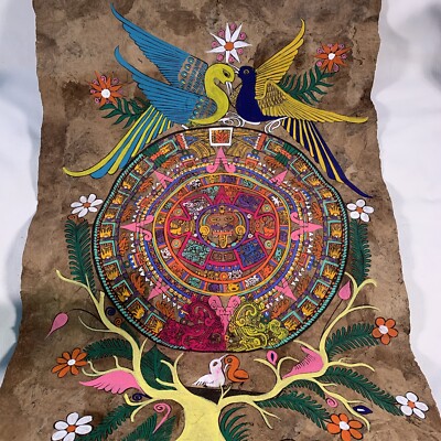 Set Of 2 Mexican Folk Art Guerrero Amate Bark Paper Mayan Hand Painted Pieces