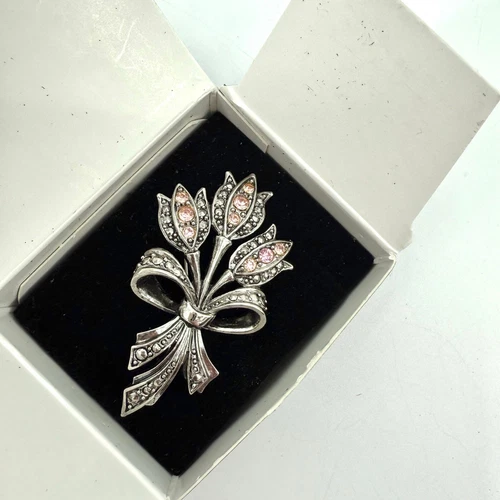 VTG Avon Pink Rhinestone Tulip Bouquet Brooch Pin Silver Tone Costume Jewelry