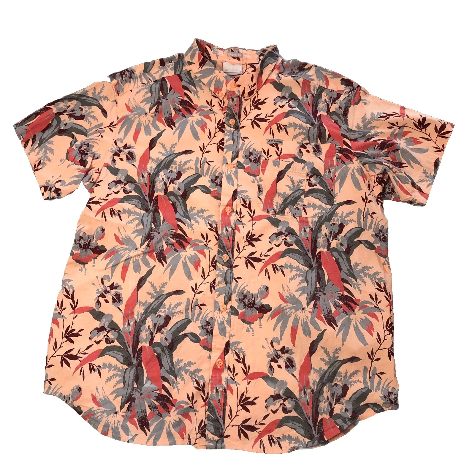 Columbia Mens Pink Orange Floral Hawaiian Button Down Shirt Regular Fit Size XL