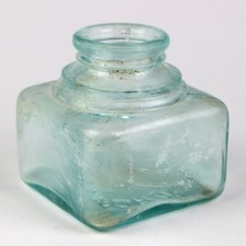Sanfords Embossed Aqua Large Square Ink Bottle, Antique England 2 1/2" Square