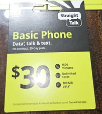 $30 Straight Talk Basic Phone Card • NOT FOR SMART PHONES • Not Used