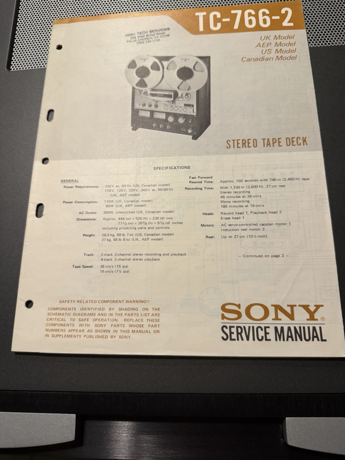 SONY TC 766-2 Reel To Reel Service Manual Original