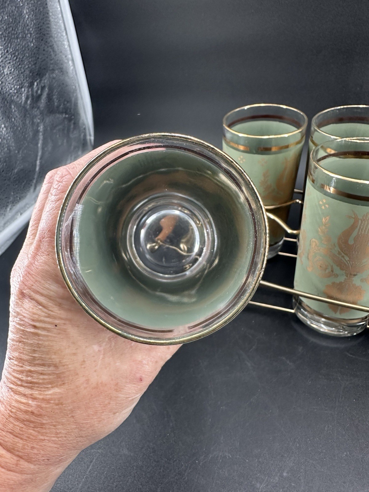 Jeanette Glass Co Laurel & Lyre 8 Piece Glass Set with Holder Vtg Green & Gold