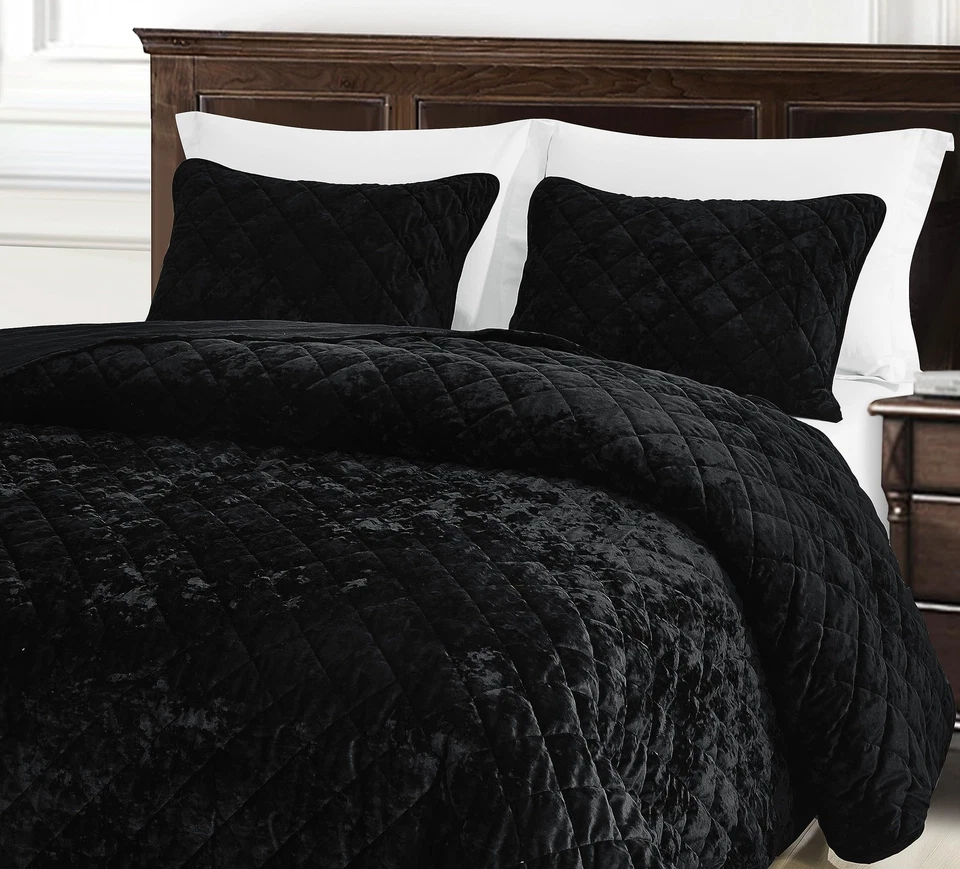 Lux Black Velvet Quilt Queen Set, 3-Piece Lush Plush Distressed Velvet Beddin... - Image 3 of 4