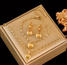 18K Gold Plated Heart Jewelry Set Necklace Bracelet Earrings Women Gift