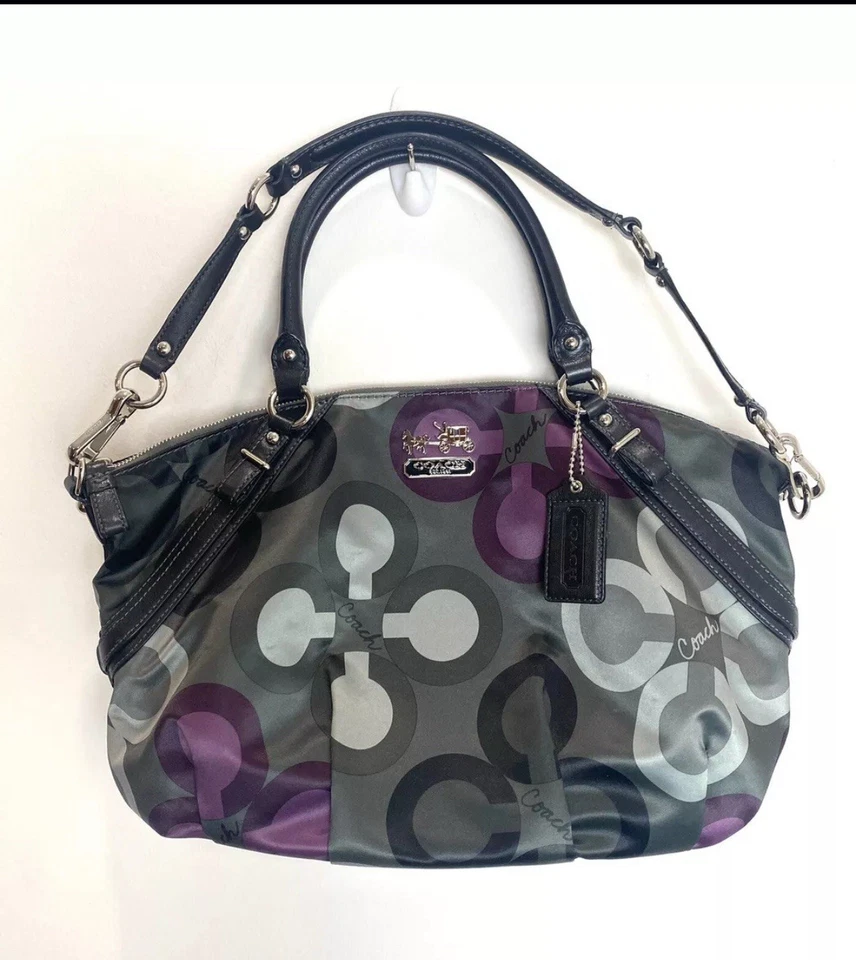 Bolsa de mão Coach Madison Sophia cetim trevo preto roxo cinza 15946 - Imagem 2 de 4