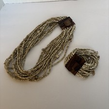 Seed Bead Wooden Buckle Bracelet Beach Necklace Summer Jewelry Set Beige/Brown