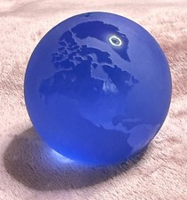 VTG Cobalt Blue Frosted Satin Glass Crystal World Globe Earth Round Paperweight