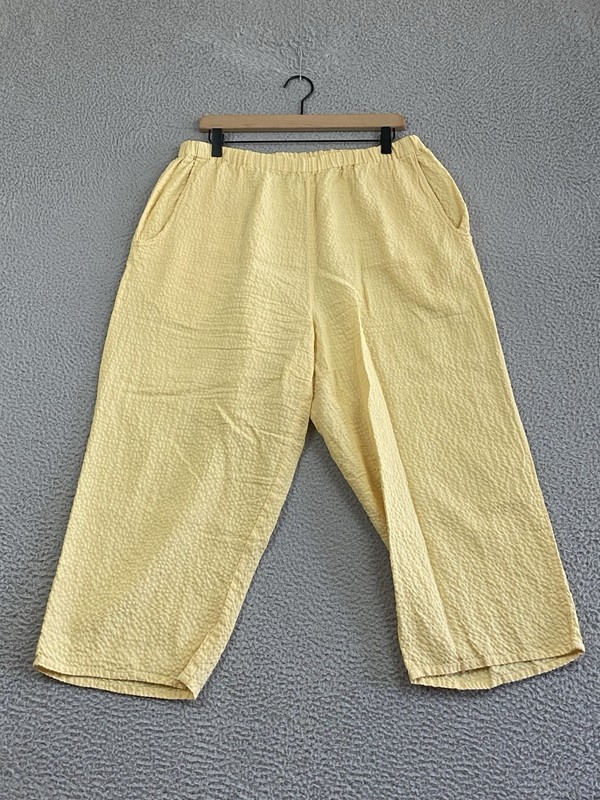 Flax By Jeanne Engelhart Textured Wide-Leg Pants Yellow M Linen Blend Seersucker