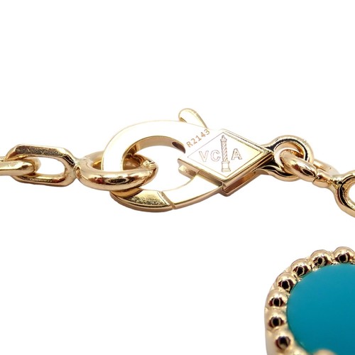 Van Cleef & Arpels 18k Yellow Gold 20 Motif Alhambra Diamond Turquoise Necklace - Picture 11 of 18