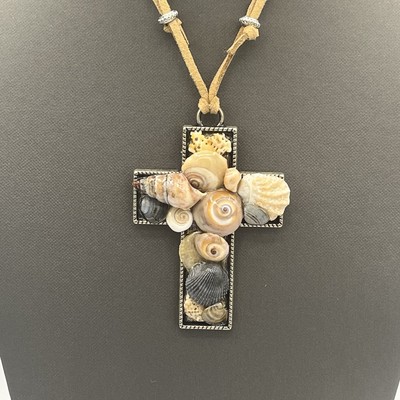 Artisan Shells on a Cross Pendant Silver tone Sunrise Service Religious Cord