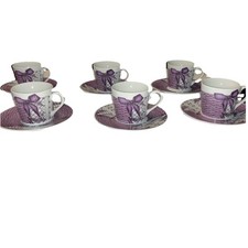 6 Pc Purple Lavender Porcelain Cup  Saucer Set Elegant Tea Set