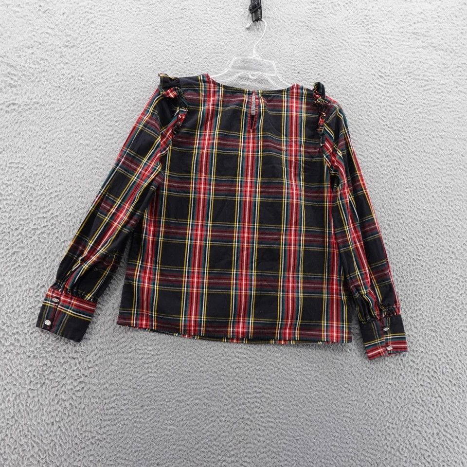 Blusa de hombro J Crew a cuadros con volantes pequeña negra roja amarilla para mujer manga larga Foto 2 de 4