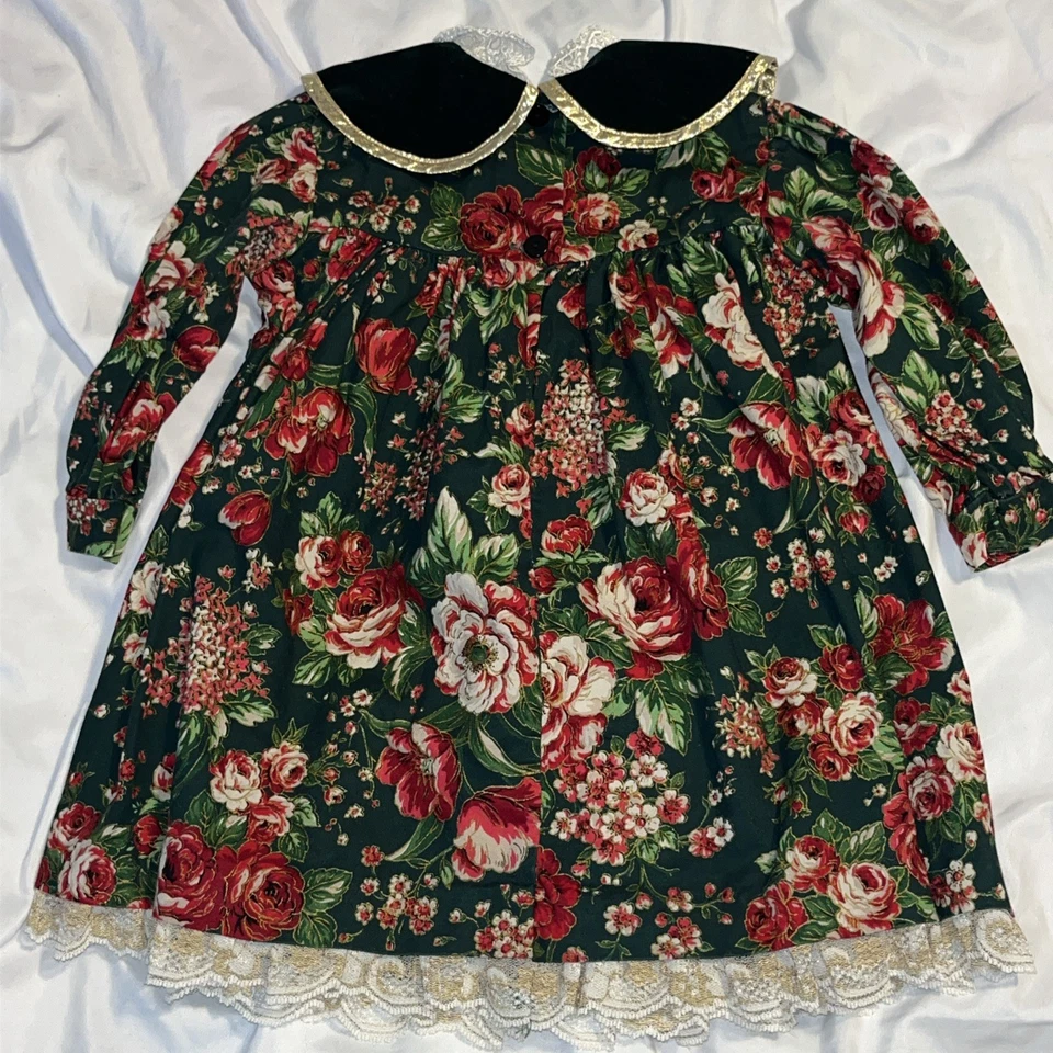 Vintage VTG Jolene Green Red Floral Gold Lace Victorian Christmas Dress 2T - Image 4 of 4