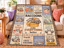 Raccoon Blanket Flannel Throw Women Girls Men Boys Plush Fleece 50x40 Inch