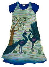 Vtg Dalin Shift Dress M Blue Peacock Painted Wearble Art Two Layer Boho *flaw