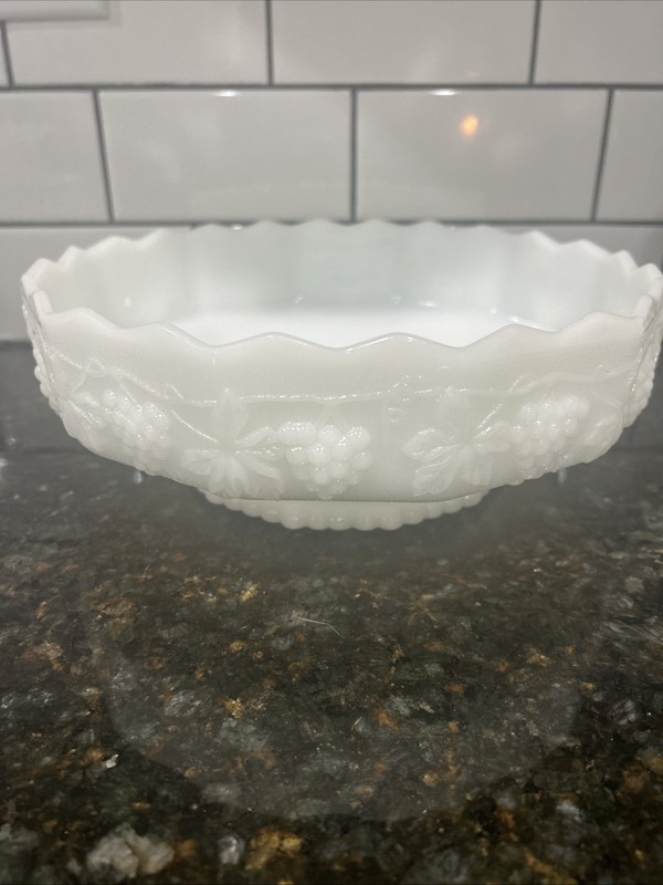 Anchor Hocking Fire KIng Vintage Pattern Milk Glass Footed Centerpiece Bowl -10"