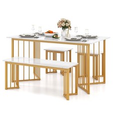 COSTWAY 4 Piece Dining Table Set Rectangular Kitchen Table with Bench & 2 Stools