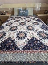 Reversible Patchwork Quilt Throw Vintage Floral Blue Cottage Style 66"x63"