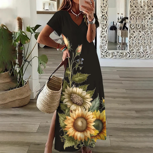 Sonnenblumenmuster Blumen Grafik Kleider für Damen Übergröße Elegant Midi - Bild 30 von 32
