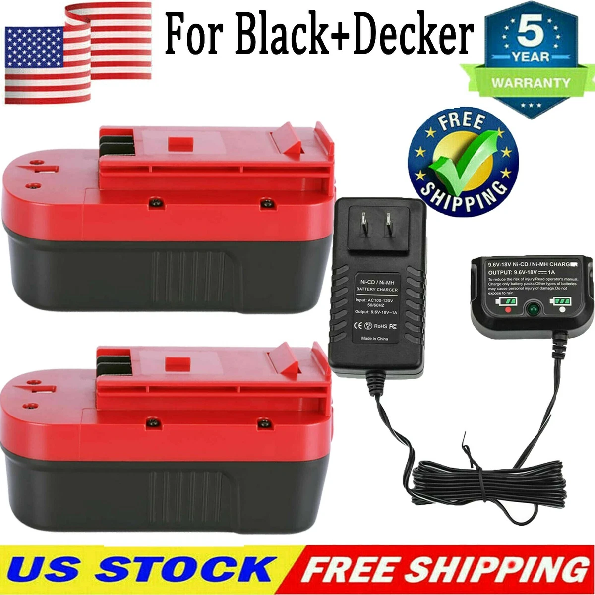 2 Packs 4.0Ah Ni-Mh 18 Volt HPB18 Battery and Charger Compatible with Black  and Decker 18V Battery HPB18-OPE A1718 244760-00 Firestorm FSB18 FS18FL  FS180BX FS18BX 