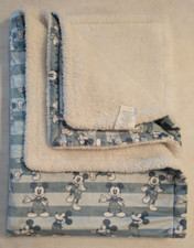 Disney Baby Mickey Mouse Blanket Blue Stripe Plush White Sherpa Back Crib Lovey