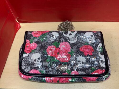 Betsey Johnson Skull and Rose Sequined Handbag - Afbeelding 1 van 4