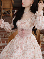 Pink Floral Sweet Elegant Dress Women Bandage Print Vintage Dress Puff Sleeve